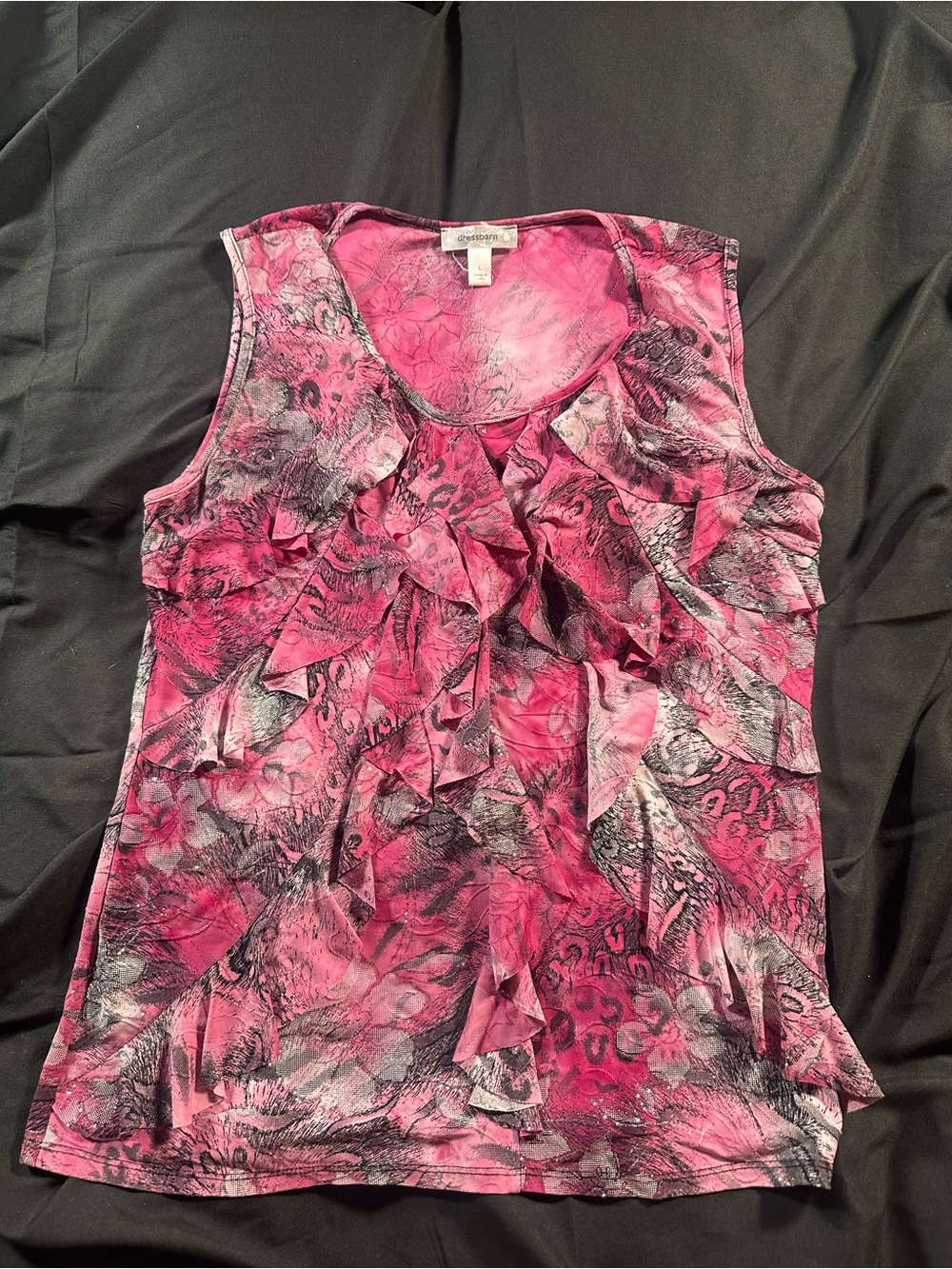 Dressbarn Tiered Ruffle Tank Top Large Pink Black Fairy Goth Floral Retro Y2K